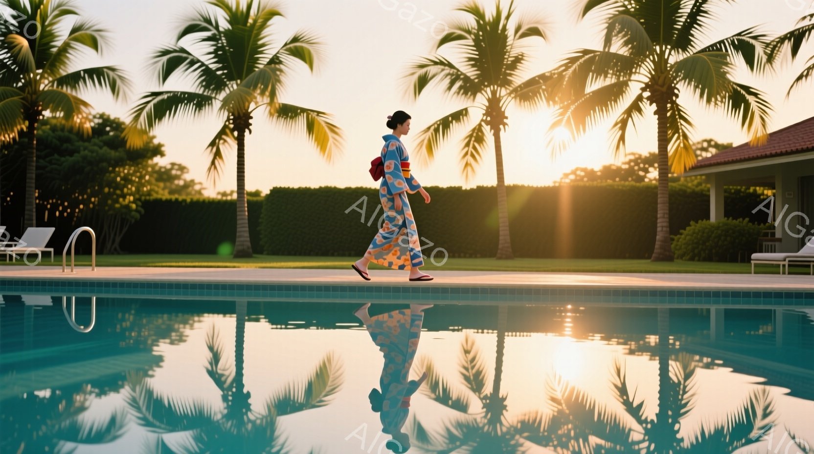 長い柄入りのローブを着た女性が、プールの脇を歩いている。夕暮れ時の太陽が背景のヤシの木々を照らし、水面に美しい反射を作り出している。全体的に穏やかでリラックスした、南国リゾートの雰囲気が漂っている。 - AI生成フリー素材