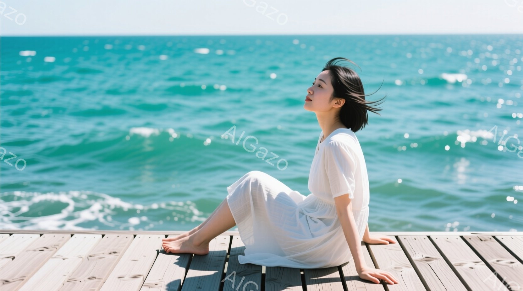 白いワンピースを着た女性が、木製の桟橋に足を投げ出して座っています。彼女は目を閉じており、穏やかな表情を浮かべています。背景には、太陽の光が反射するエメラルドグリーンの海が広がり、晴れた空が広がってい - AI生成フリー素材