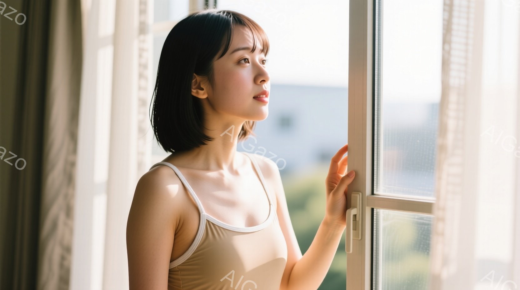薄いベージュ色のキャミソールを着た若い女性が、窓枠に手を添えて外を見つめている。彼女は短い黒髪で、穏やかで少し物憂げな表情をしている。窓の外には建物が見え、全体的に柔らかく明るい光が差し込み、静かで内 - AI生成フリー素材