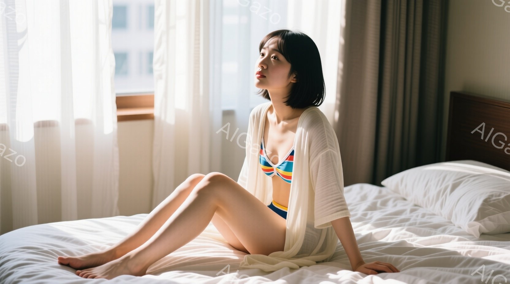 ショートヘアの女性が白いベッドに座っており、明るいブルーとオレンジのビキニの上に白いカーディガンを羽織っています。彼女は足を伸ばし、少し横を向いて窓の外を見つめており、物憂げな表情をしています。背景には高層ビルが見え、窓から柔らかい光が差し込み、全体的に穏やかで静謐な雰囲気を醸し出しています。