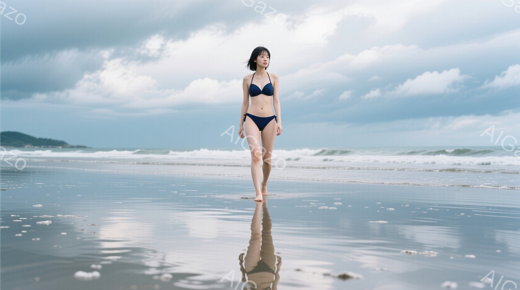 海岸を歩く女性が写っています。彼女は濃い青色のビキニを着ており、肩まで伸びた黒髪はストレートで、表情はやや遠くを見つめています。背景には曇り空と荒々しい波が広がり、全体的に少し寂しげで、落ち着いた雰囲気が漂っています。