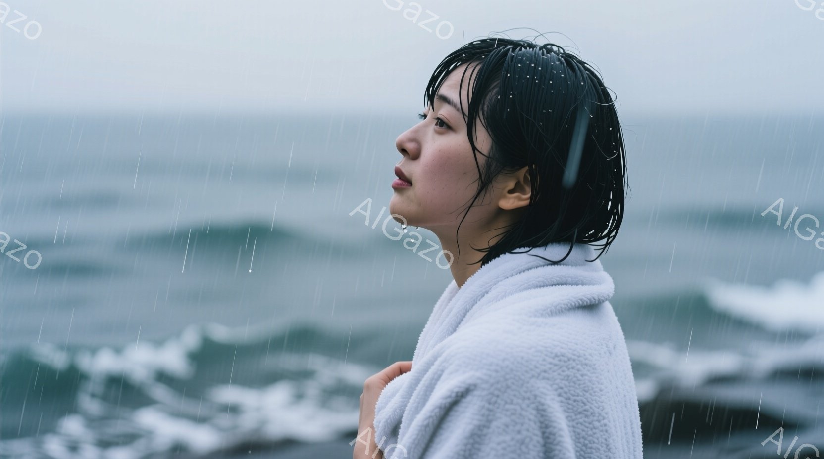 濡れた髪と白いバスローブをまとった女性が、荒れた海を眺めている。彼女は横顔で、憂いを帯びた表情をしており、雨に打たれながら静かに佇んでいる。背景には、灰色の空と白い波が広がり、全体的に寂しげで物憂い雰囲気を醸し出している。