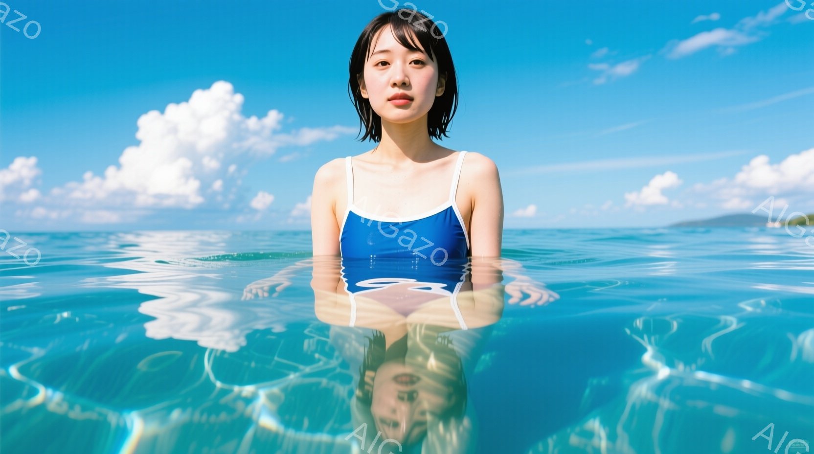 鮮やかな青い水中に、女性が浮かんでいます。彼女は濃い青色のワンピース水着を着用し、濡れた黒髪を耳にかけるようにしています。表情は穏やかで、背景には晴天の空と緑の島影が見え、透明度の高い海が広がり、静かで平和な雰囲気を醸し出しています。