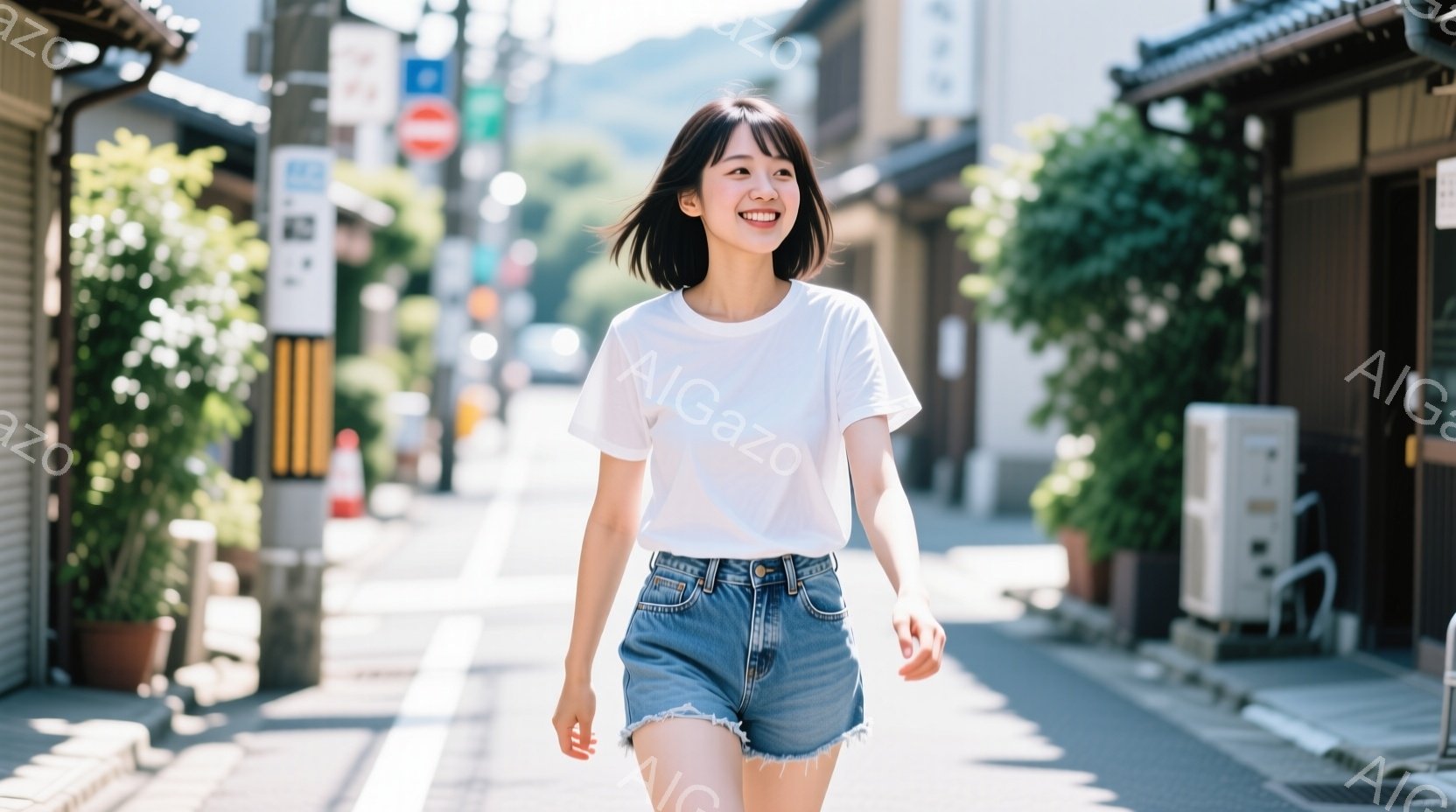 短い髪の女性が、石畳の道の中を歩いている。白いTシャツにデニムのショートパンツというカジュアルな服装で、顔には明るい笑顔が浮かんでいる。背景には木造の建物が並び、緑豊かな自然が広がっており、晴れた日の - AI生成フリー素材