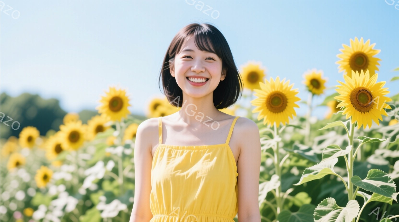 黄色いワンピースを着た若い女性が、ひまわり畑で微笑んでいます。彼女は肩までの長さの黒髪で、表情は明るく、楽しそうです。背景にはたくさんのひまわりが咲き乱れ、晴れた空が広がっており、全体的に暖かく、幸せな雰囲気が漂っています。