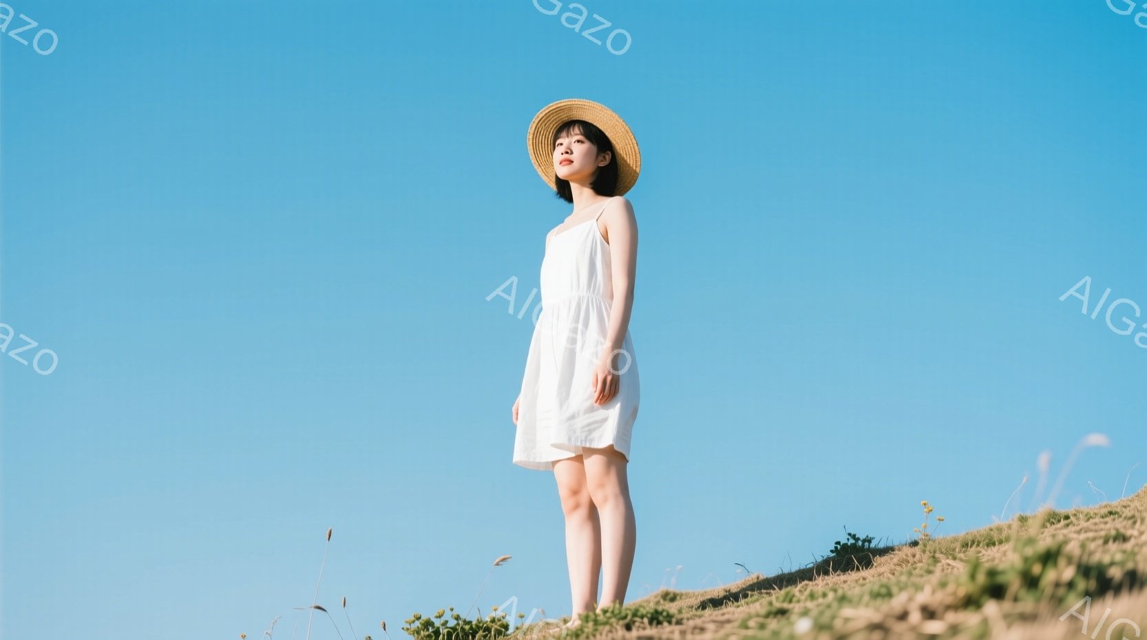青空の下、麦わら帽子を被った女性が丘の上に立っている。白いキャミソールワンピースを着ており、少し上を見上げている姿は、どこか憂いを帯びているように見える。背景には緑の草と空が広がり、穏やかで夏の日の雰囲気が漂っている。