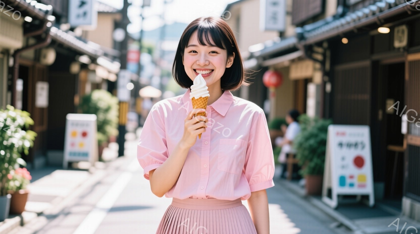 若い女性がアイスクリームを手に微笑んでいます。ピンク色のブラウスとプリーツスカートを身につけ、前髪を短くしたヘアスタイルです。背景は伝統的な建物が並ぶ石畳の道で、晴天の下、明るく穏やかな雰囲気です。