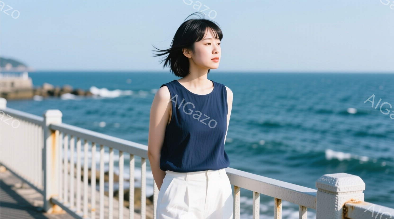 短い黒髪の女性が、白い柵に寄りかかりながら海を眺めている。彼女は濃い青色のノースリーブトップスと白のパンツを身に着けており、表情は穏やかで少し物憂げだ。背景には青い海と打ち寄せる波、遠くに見える建物があり、晴れた空の下、静かで穏やかな雰囲気が漂っている。