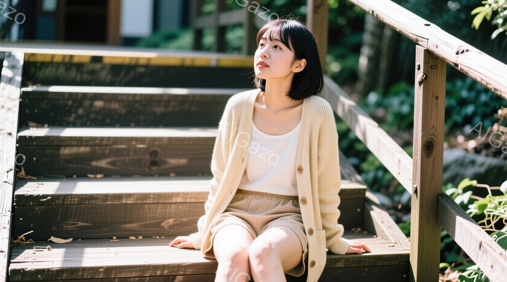 ショートヘアの女性が、屋外の階段に座って遠くを見つめています。ベージュのカーディガンとパンツを身につけ、リラックスした表情をしています。背景には木製の階段と緑豊かな植物が見え、日差しが差し込み、穏やかな雰囲気を醸し出しています。