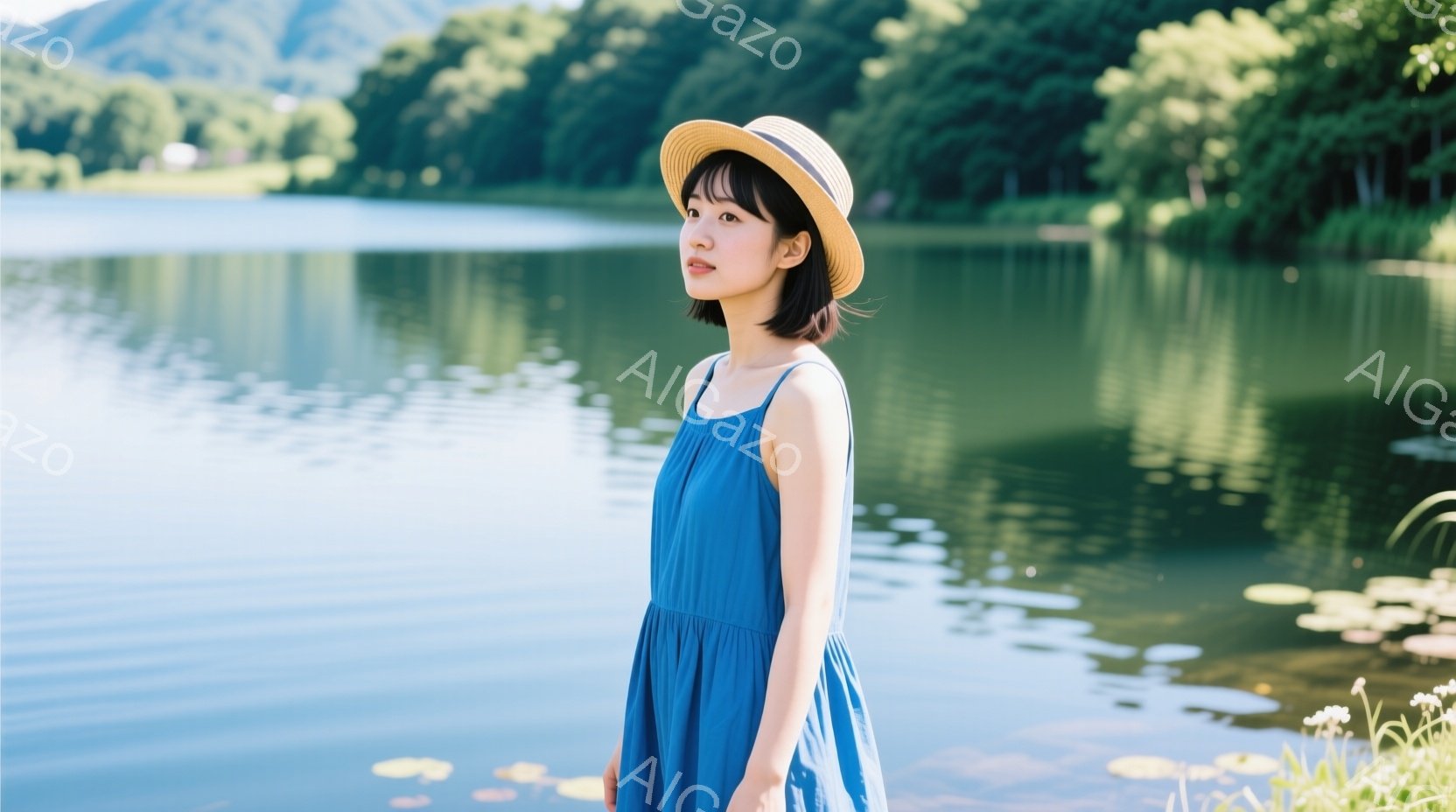 青いワンピースを着た若い女性が、麦わら帽子をかぶり、湖のほとりに立っている。彼女は少し横を向き、穏やかな表情で遠くを見つめている。背景には緑豊かな山々と穏やかな湖が広がり、夏の日差しが心地よい雰囲気を - AI生成フリー素材
