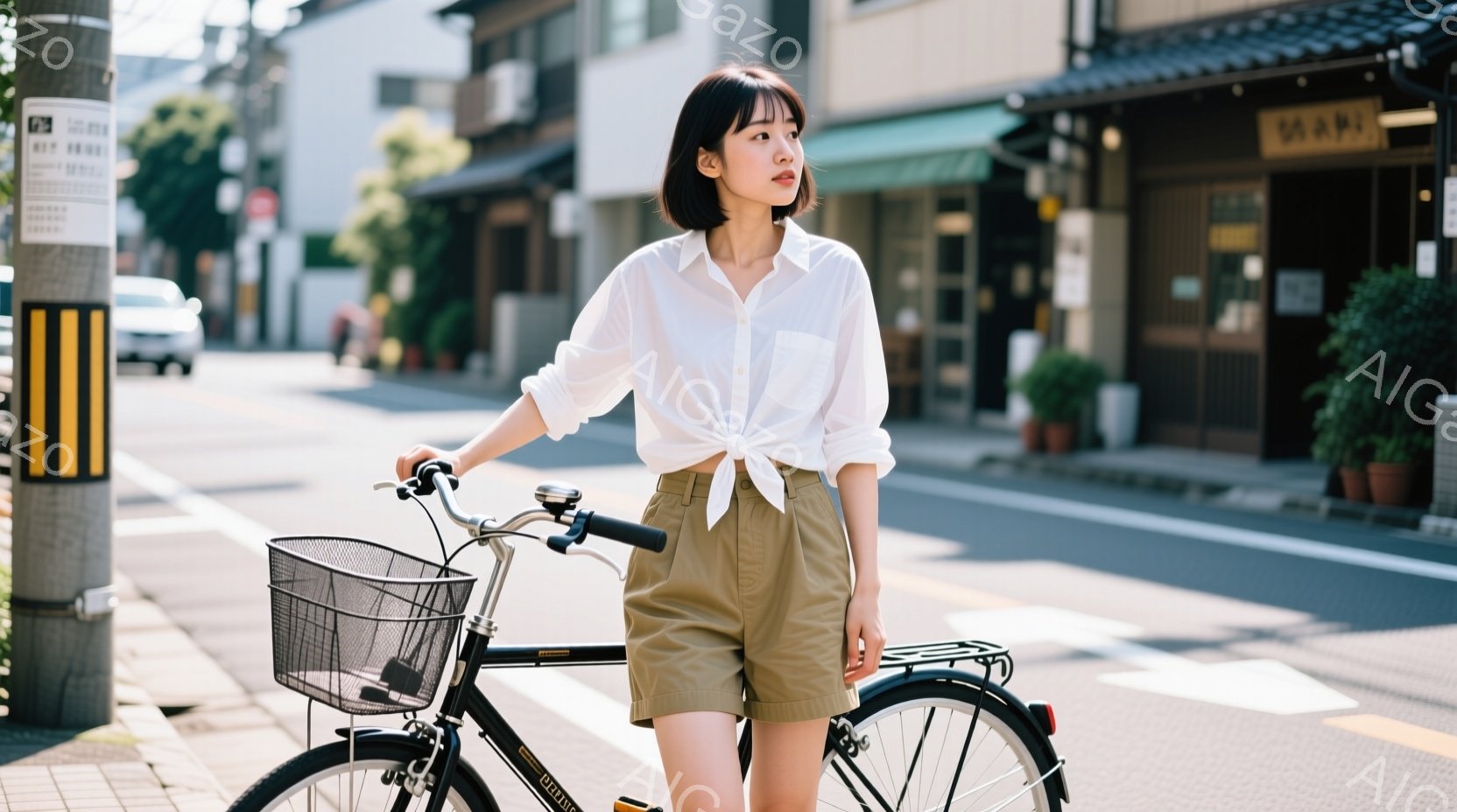 短い髪の女性がベージュ色のショートパンツと白のシャツを着て、黒い自転車の横に立っている。彼女はシャツを腰で結び、リラックスした表情でわずかにカメラ目線だ。背景には、日本の街並みと日差しが差し込む晴れた空が広がっており、穏やかで日常的な雰囲気を醸し出している。