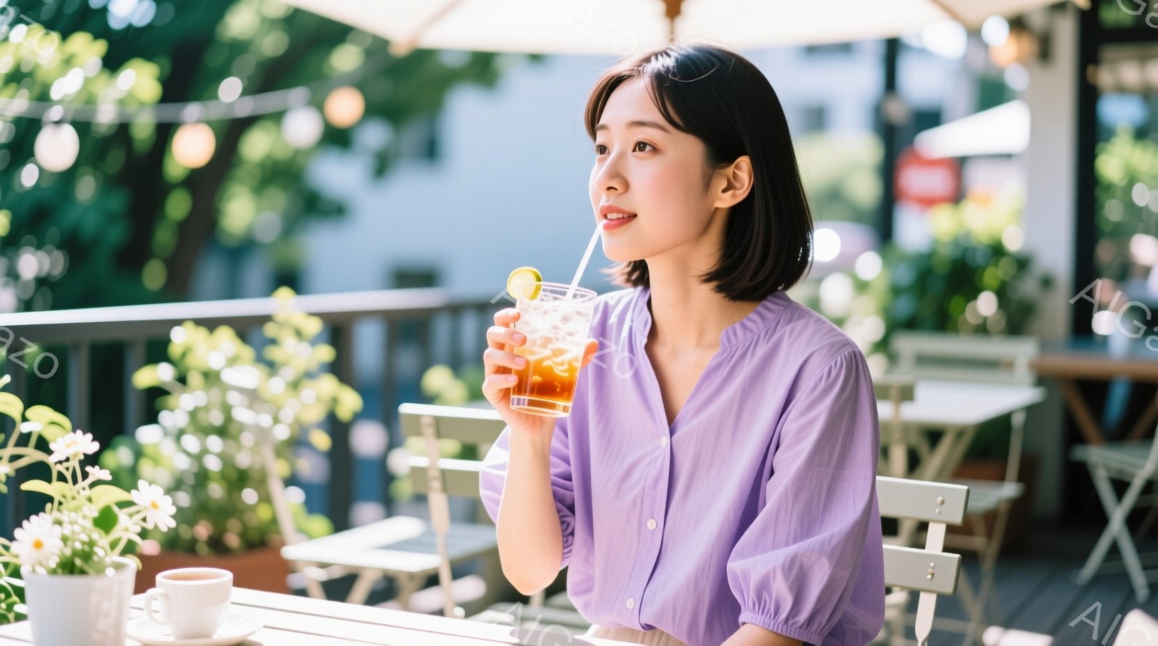 若い女性が屋外のカフェで飲み物を楽しんでいる様子が写っている。彼女は薄紫色のブラウスを着ており、髪は肩のあたりで切り揃えられたボブスタイルである。背景には、緑豊かな植物やカフェのテーブルと椅子、そして - AI生成フリー素材