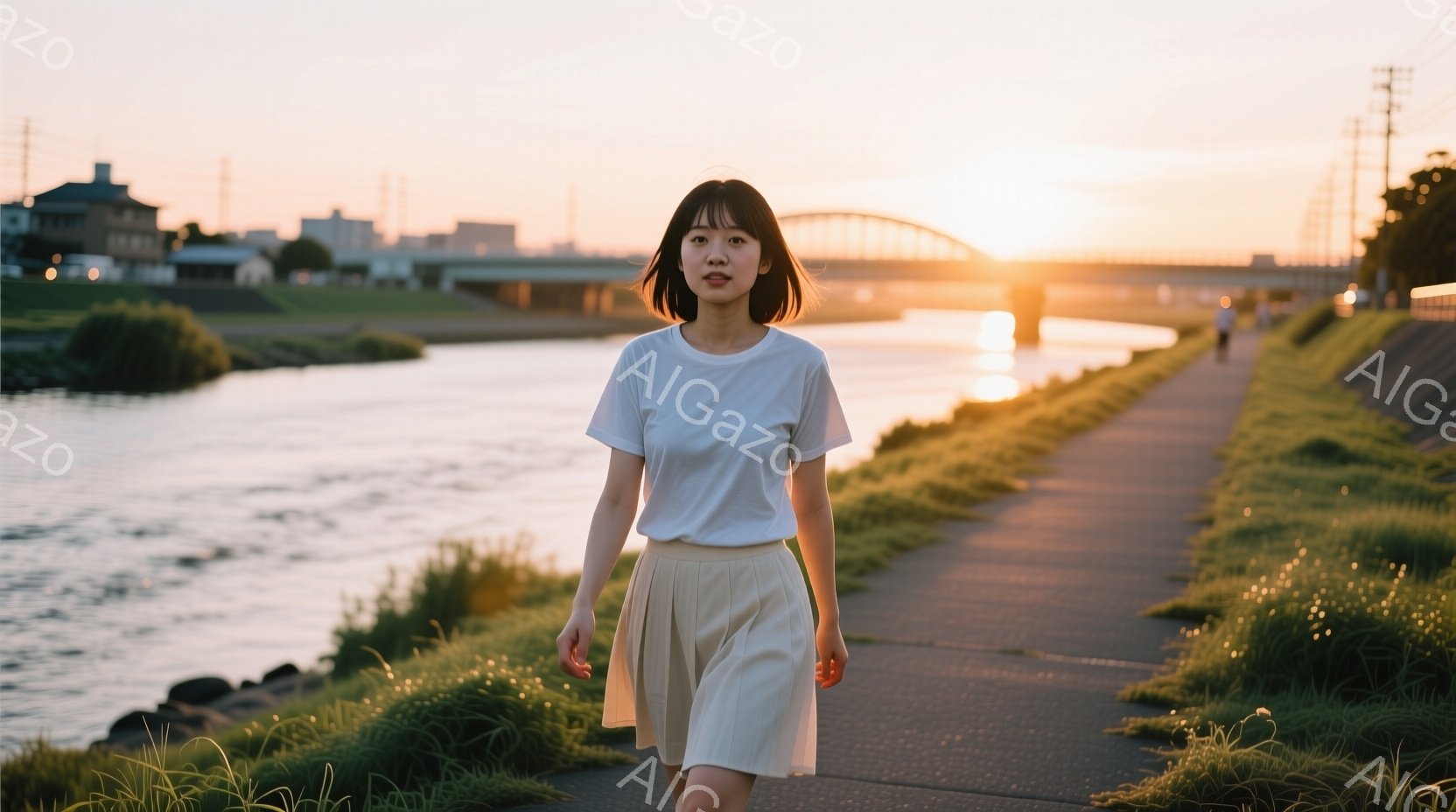 短い黒髪の女性が、アスファルトの遊歩道を歩いている。白いTシャツとベージュのスカートを身につけ、リラックスした表情で正面を見ている。背景には川、緑豊かな草地、そして夕焼け空と橋が見え、穏やかで暖かい雰囲気を醸し出している。