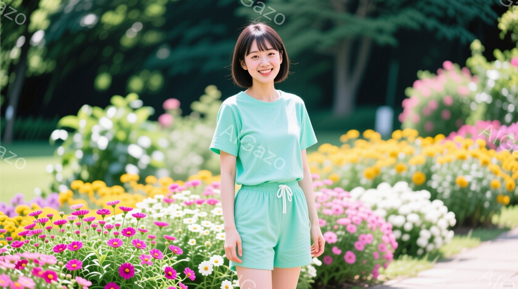 明るい緑色のTシャツとショートパンツを着た若い女性が、色とりどりの花畑で微笑んでいます。彼女は肩までの長さの茶髪で、前髪は少しカールしています。背景には緑豊かな木々があり、晴れた日の穏やかな雰囲気が漂 - AI生成フリー素材