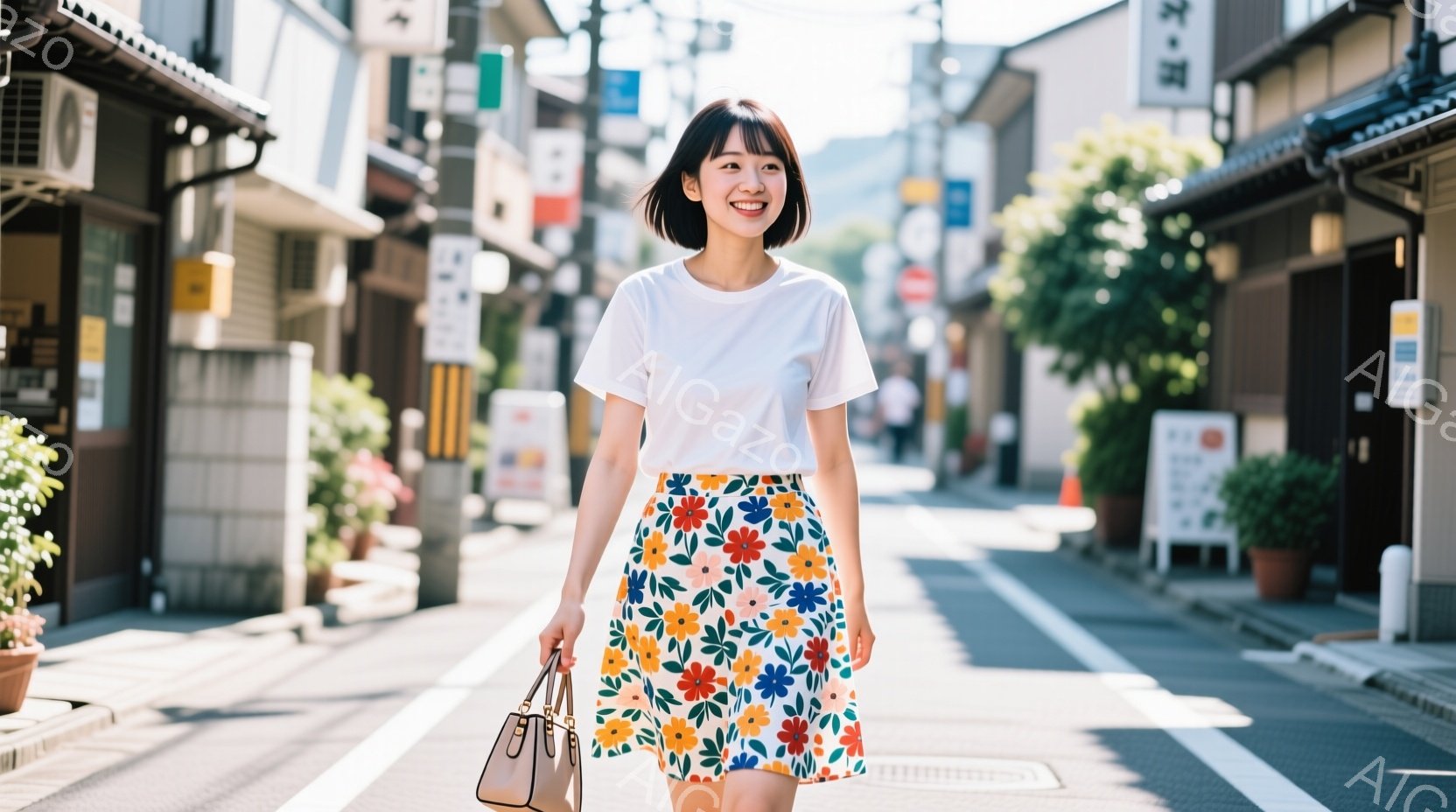 白いTシャツに花柄のスカートを身につけた女性が、石畳の道を歩いている。彼女は微笑んでおり、肩にかけたバッグを手に持っている。背景には、伝統的な木造建築が並び、晴天の下、穏やかな雰囲気の街並みが広がっている。
