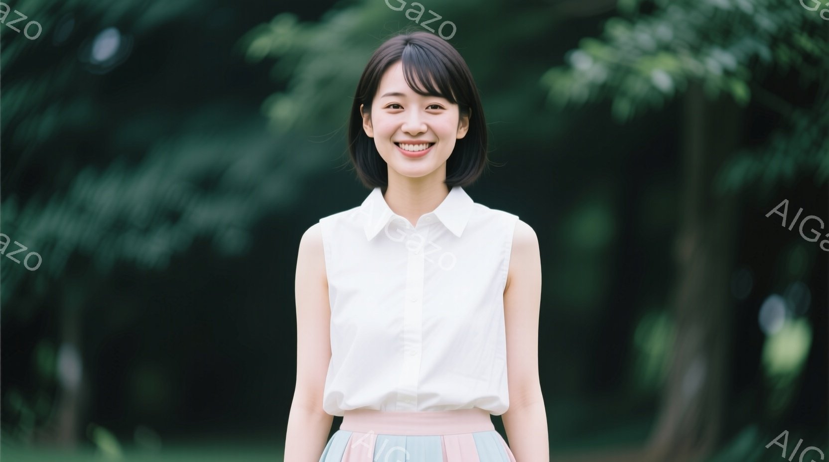 若い女性が正面を向いて微笑んでいます。白いブラウスと、淡いピンクと水色のグラデーションのスカートを着ています。背景は緑豊かな木々に囲まれた自然で、柔らかい光が全体を包み込み、穏やかで優しい雰囲気を醸し出しています。