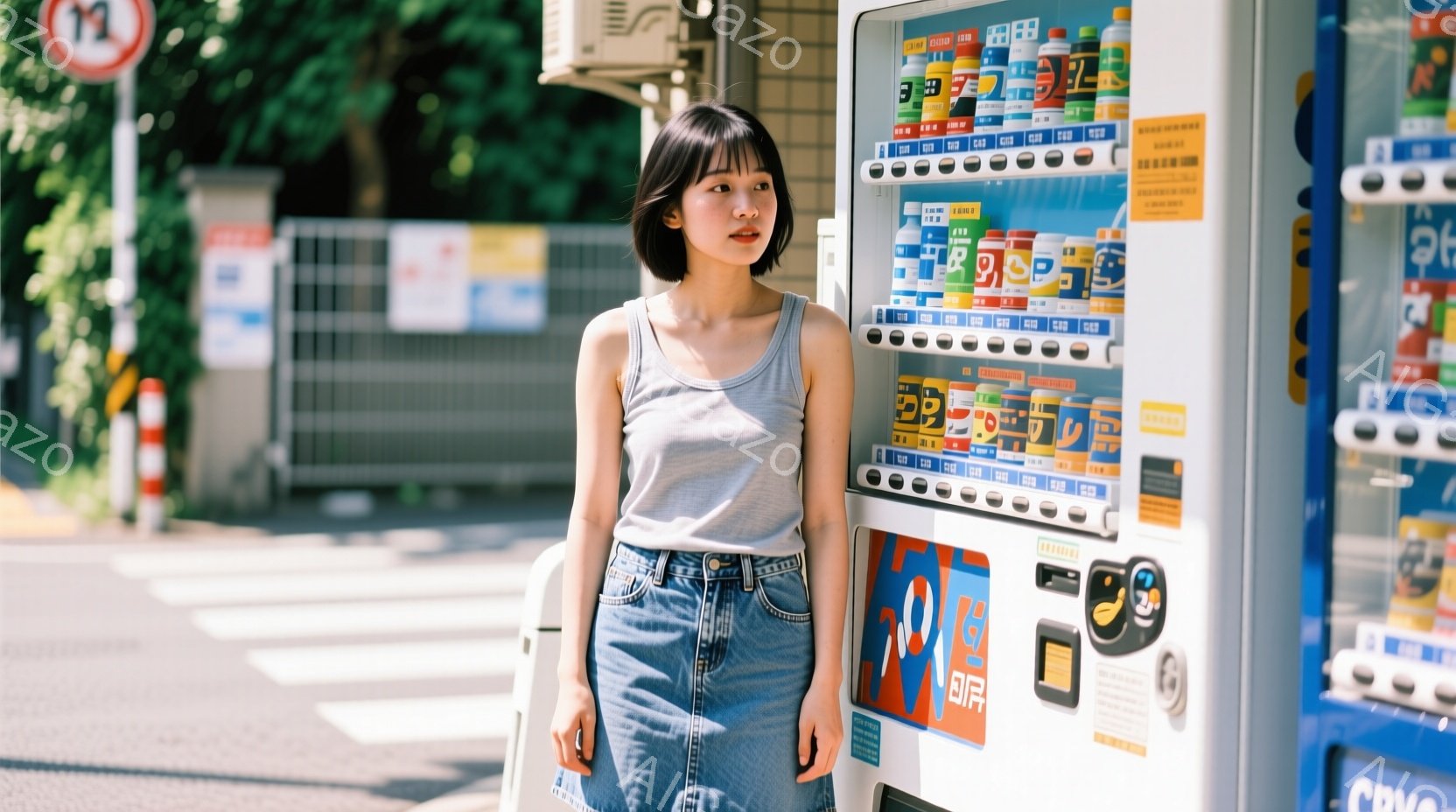若い女性が自販機を背景に立っている。彼女はグレーのタンクトップとデニムのスカートを着用し、黒髪を肩下まで伸ばしている。彼女は少し横を向き、何かを考えているような表情をしている。