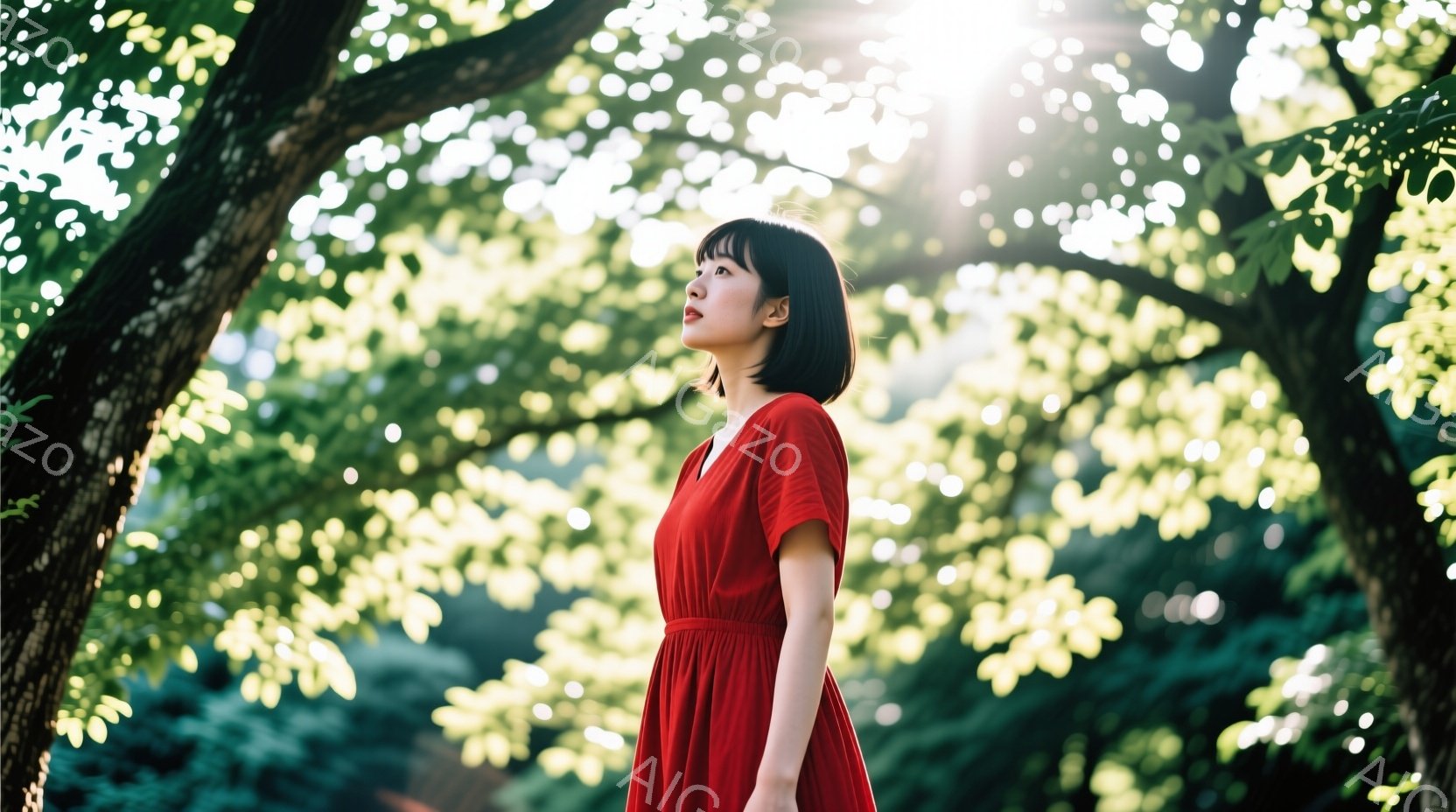 赤いワンピースを着た女性が、木漏れ日の下で空を見上げています。短い黒髪は肩にかかり、表情は穏やかで少し憂いを帯びています。背景は緑豊かな木々で、太陽の光が差し込み、幻想的な雰囲気を醸し出しています。