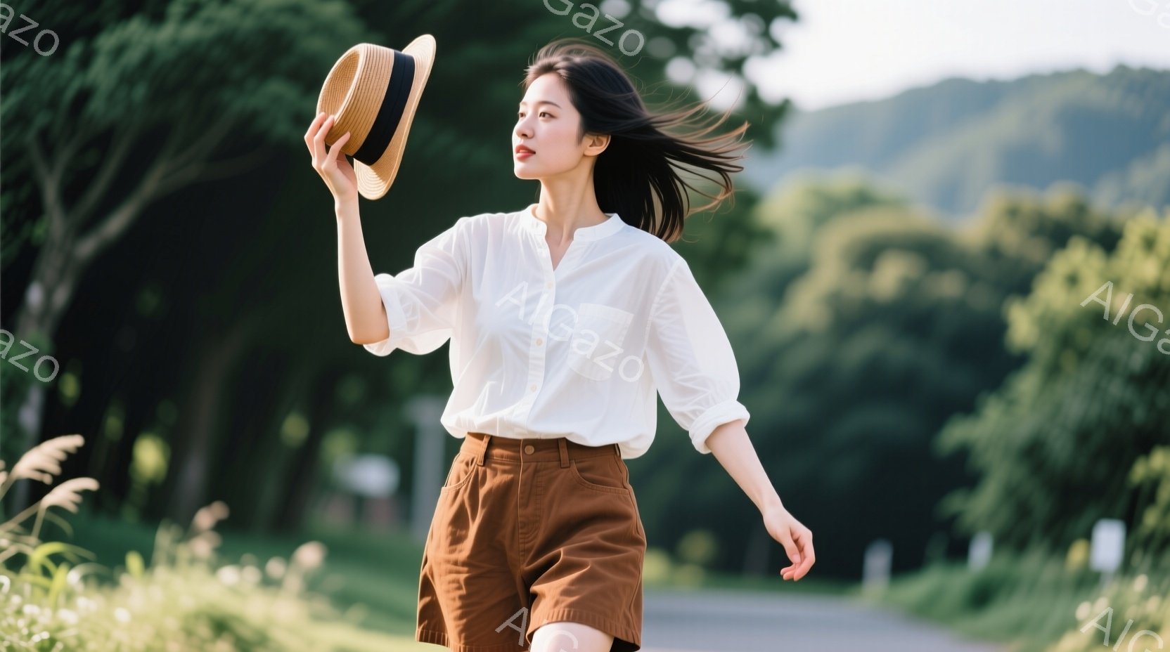 若い女性が、明るい屋外で歩いている様子が写っている。白いシャツと茶色のショートパンツを着用し、麦わら帽子を手に持ち、風になびく髪が印象的だ。背景には緑豊かな木々が生い茂り、晴天で暖かい日差しが差し込み、リラックスした雰囲気を醸し出している。