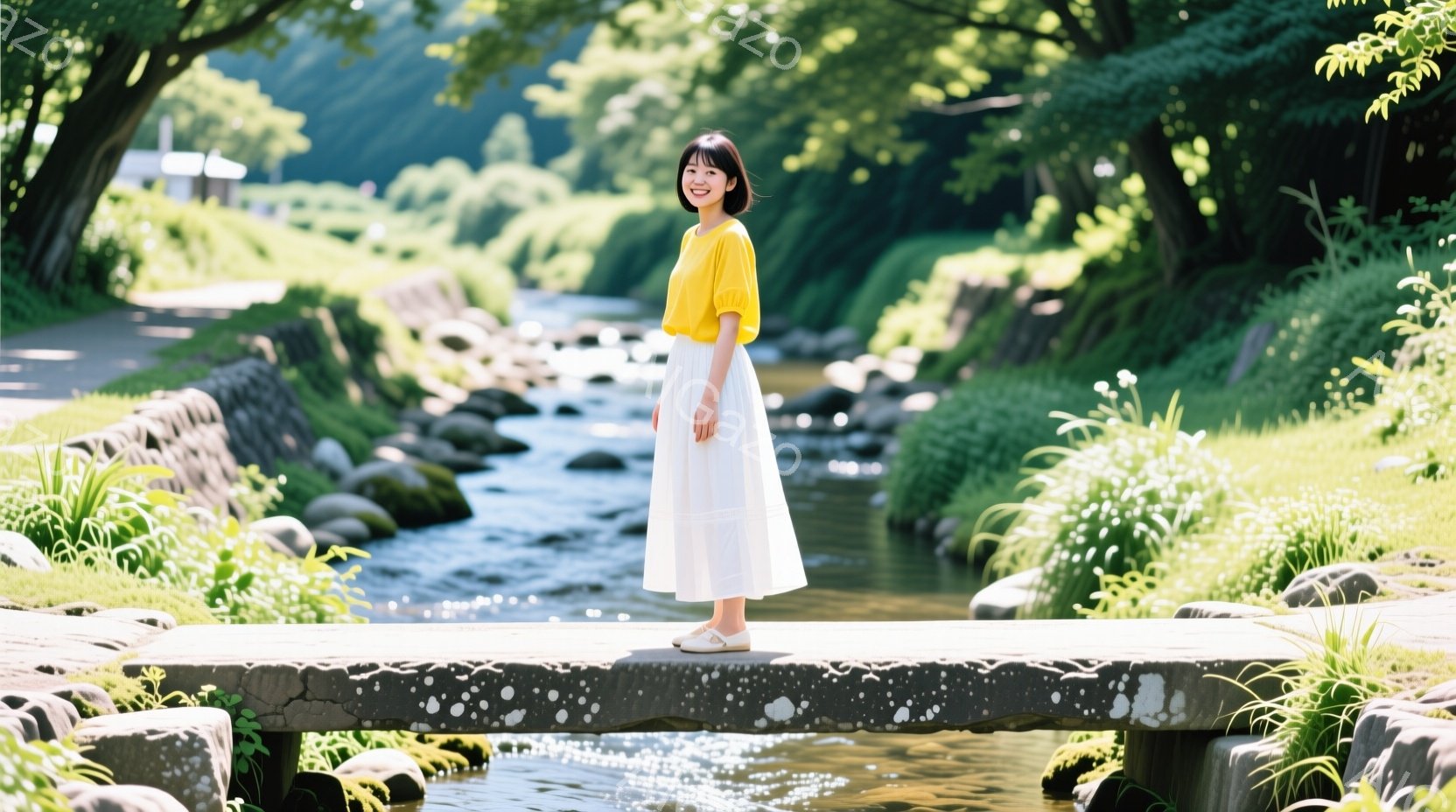 白いスカートと黄色のトップスを着た女性が、小川にかかる小さな石橋の上に立っている。彼女は少し微笑んでおり、リラックスした雰囲気を醸し出している。背景には緑豊かな自然が広がり、晴れた日の穏やかな光が差し - AI生成フリー素材