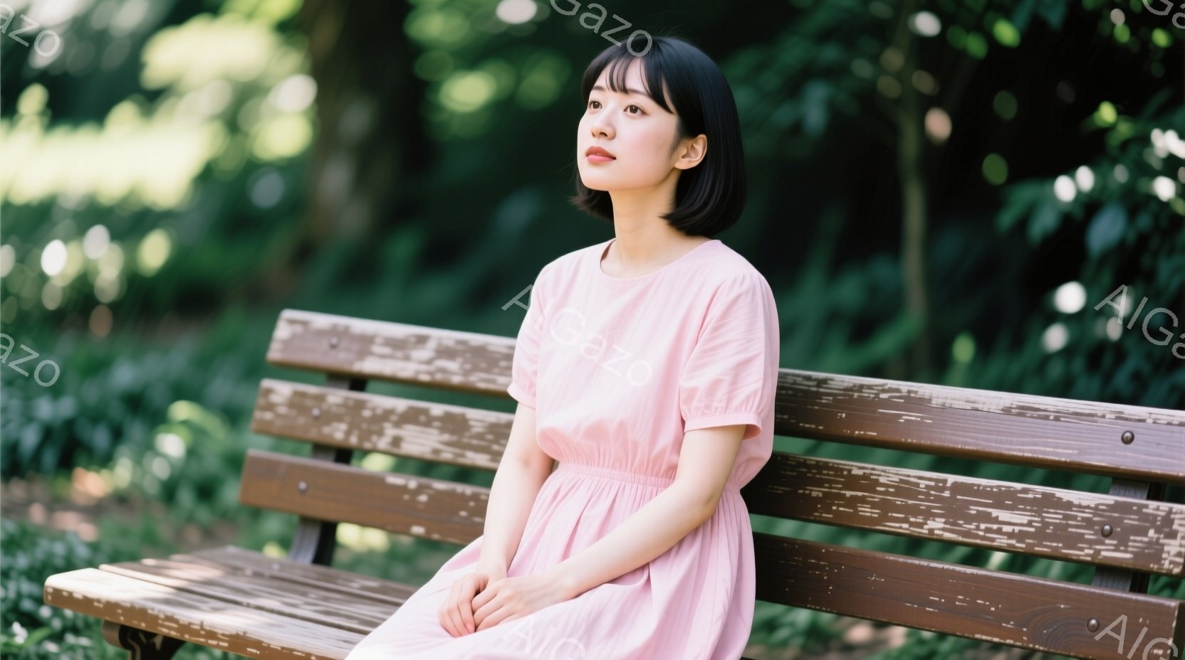 若い女性が公園のベンチに座っており、淡いピンク色のゆったりとしたワンピースを着ています。彼女は黒髪のボブスタイルで、少し憂いを帯びた表情で遠くを見つめています。背景には緑豊かな木々と葉が茂っており、穏やかで静かな雰囲気が漂っています。