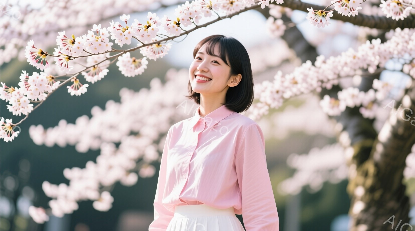 若い女性が桜の木の下で微笑んでいます。彼女は薄いピンク色のシャツと白いスカートを着ており、ショートヘアで前髪を下ろしたスタイルです。背景にはぼやけた桜の花が咲き乱れ、春の暖かく穏やかな雰囲気が漂っています。