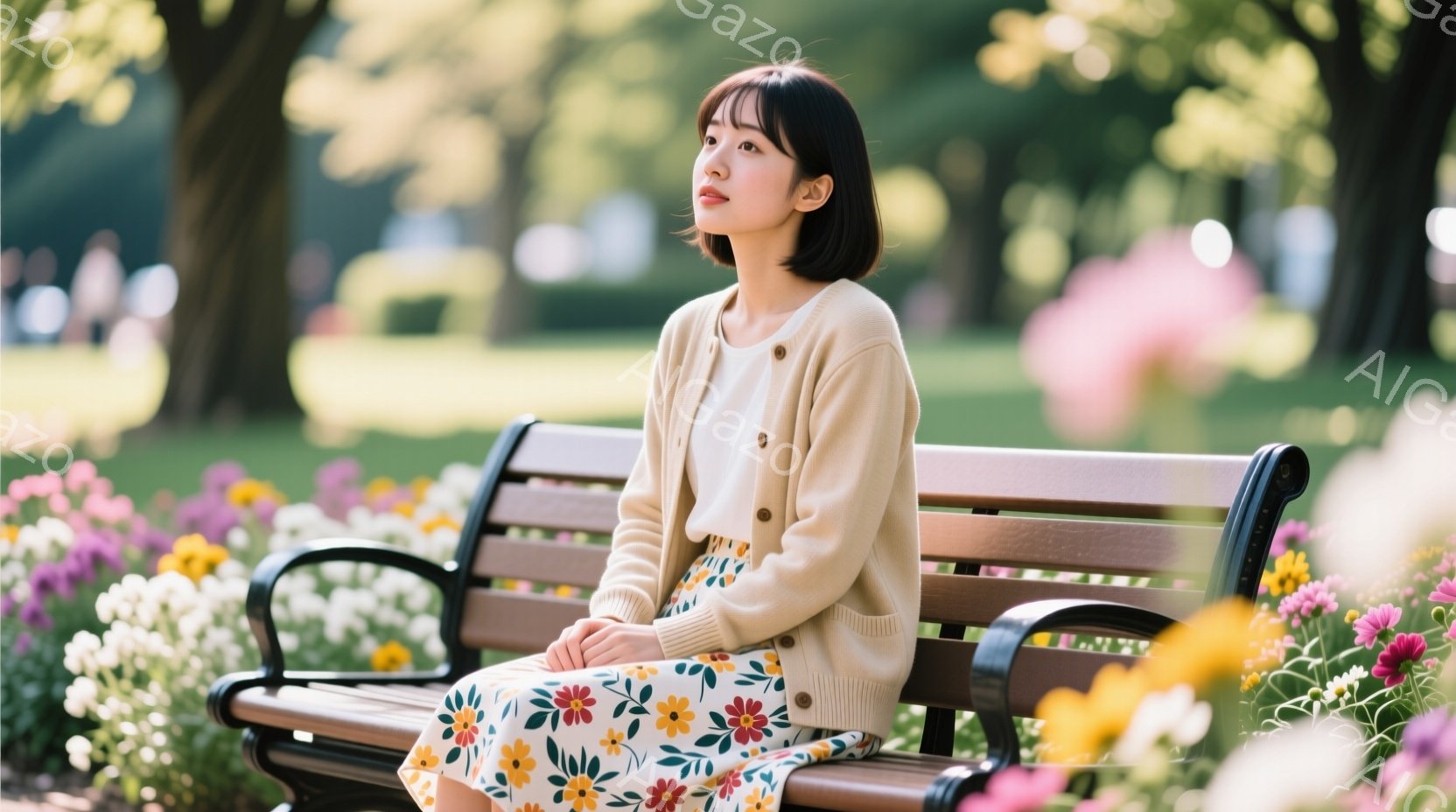 明るい色の花が咲き乱れる公園のベンチに、若い女性が座っています。彼女はクリーム色のカーディガンに、花柄のスカートを着用し、肩までの長さの黒髪で、少し物憂げな表情をしています。背景には緑豊かな木々が見え、晴れた日の穏やかな雰囲気が漂っています。