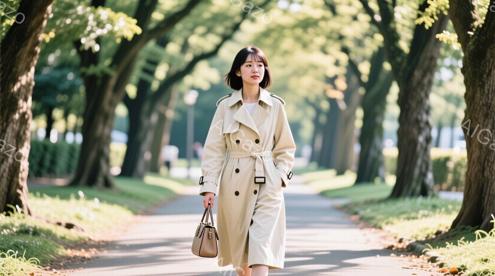 若い女性がベージュ色のトレンチコートを着て、道を歩いている。彼女は肩にかけたハンドバッグを持ち、少し微笑んだ表情で、落ち着いた雰囲気を醸し出している。背景には緑豊かな木々が立ち並び、晴れた日の穏やかな散歩の様子が伝わってくる。