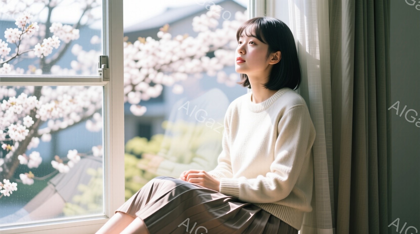 ショートヘアの女性が窓辺に座り、外を眺めている。オフホワイトのセーターと茶色のプリーツスカートを着用し、物憂げな表情を浮かべている。背景には、桜の花が咲き誇る風景と、ぼんやりとした建物が見え、春の穏や - AI生成フリー素材