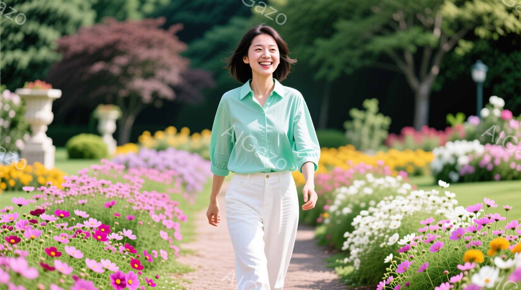 明るい緑色のシャツに白いズボンを着用した女性が、花壇の中を歩いています。彼女は微笑んでおり、リラックスした様子で、髪は肩にかかる長さで自然に流れています。背景には、色とりどりの花々が咲き乱れ、緑豊かな木々が並び、晴れた日の穏やかな雰囲気が漂っています。