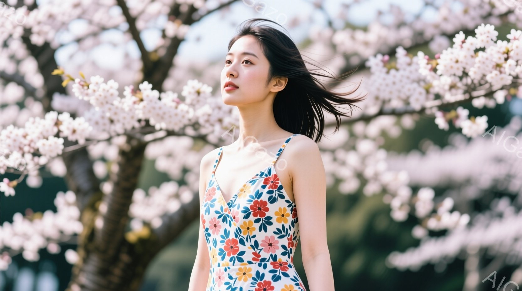 若い女性が桜並木の下で、花柄のワンピースを着て立っている。彼女は黒髪で、風になびいている。背景には、ぼやけた桜の木々と、穏やかな春の陽光が広がり、優雅で穏やかな雰囲気を醸し出している。