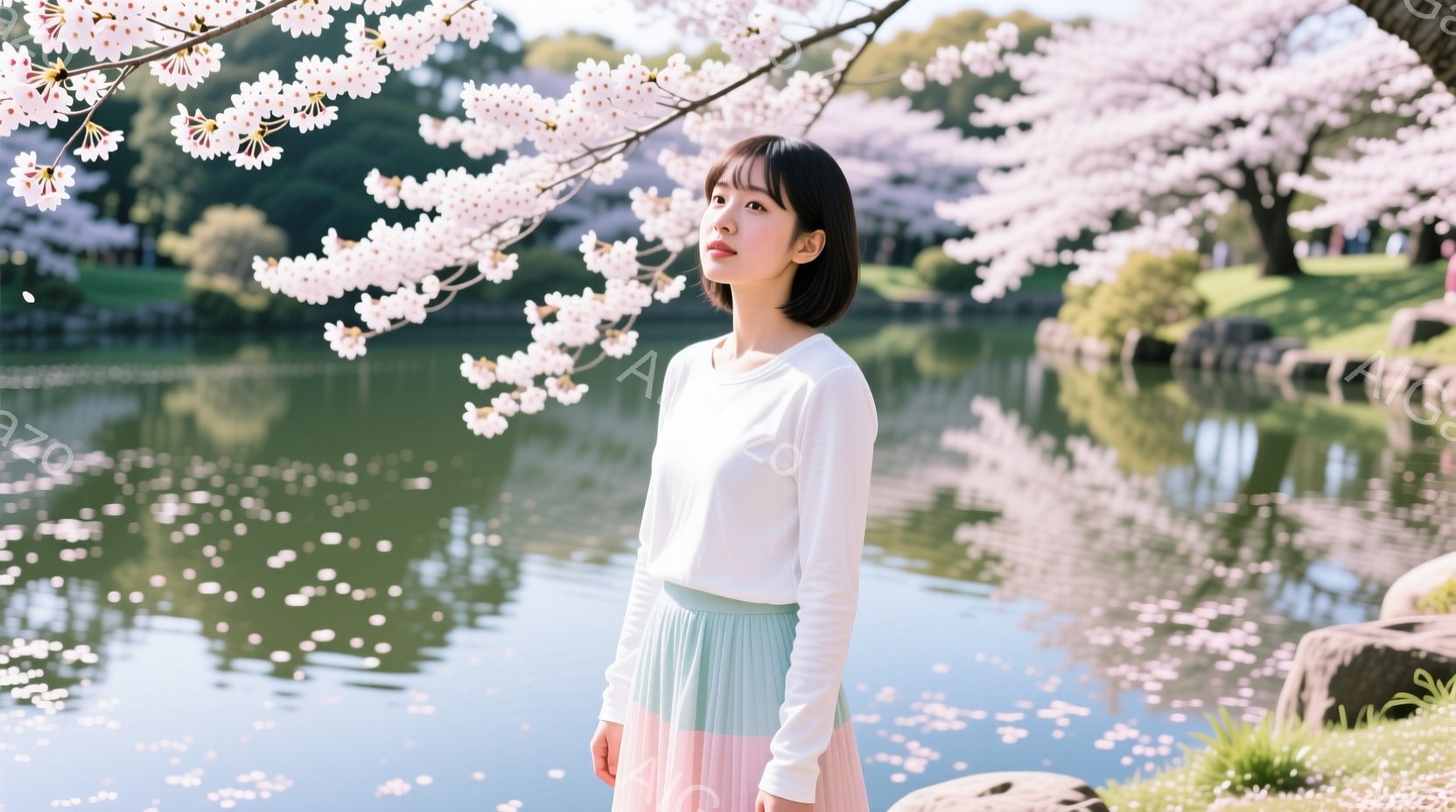 長い前髪と肩までのボブヘアの女性が、白い長袖シャツとパステルカラーのスカートを着て立っている。彼女は穏やかな表情で、少し上を見ている。背景には桜並木と穏やかな湖が広がり、桜の花びらが舞い散る春の穏やかな一日を表現している。
