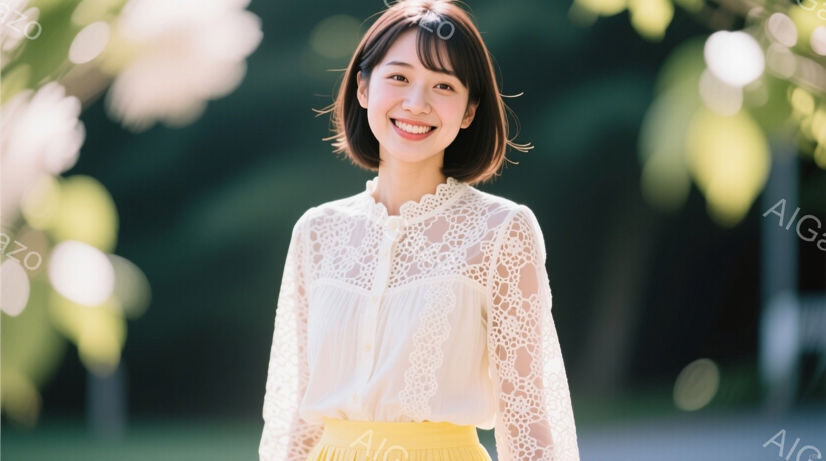 明るい笑顔を浮かべた若い女性が写っている。オフホワイトのレースのブラウスに黄色いスカートを着用し、肩まで届く長さの茶髪を軽くカールさせている。背景には緑豊かな木々が見え、柔らかい光が差し込み、春の穏や - AI生成フリー素材