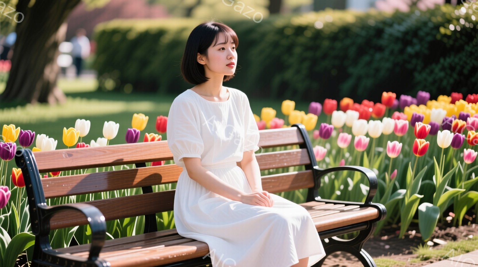 白いワンピースを着た女性が公園のベンチに座っています。彼女は黒髪のショートボブで、穏やかな表情をしています。背景にはカラフルなチューリップの花が咲き乱れ、緑豊かな木々が広がっており、晴天の下、穏やかで - AI生成フリー素材