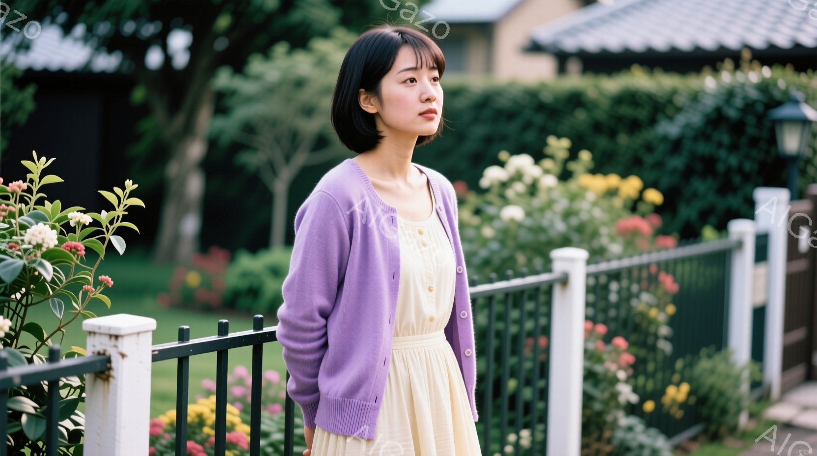 若い女性が、薄紫色のカーディガンと黄色のワンピースを着て、白い柵にもたれて立っている。彼女は黒髪のショートボブで、少し憂いを含んだ表情で遠くを見つめている。背景には花壇と住宅が見え、穏やかな春の日差しが全体を包み込んでいる。