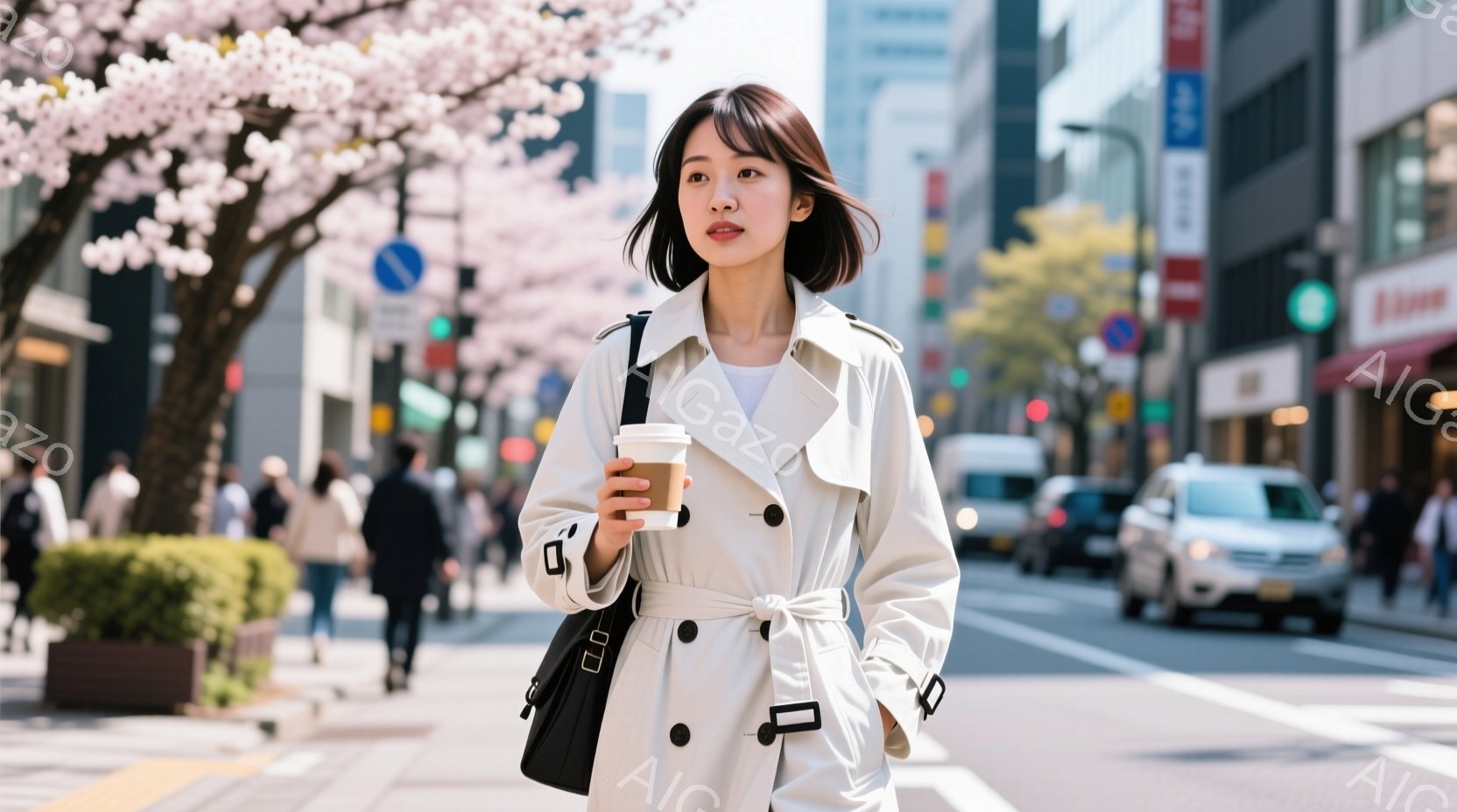 街路を歩く女性は、オフホワイトのトレンチコートを羽織り、黒いショルダーバッグを斜めにかけている。彼女は短い黒髪で、わずかに微笑んだ表情をしており、片手に紙コップを持っている。背景には、桜並木が咲き誇り - AI生成フリー素材