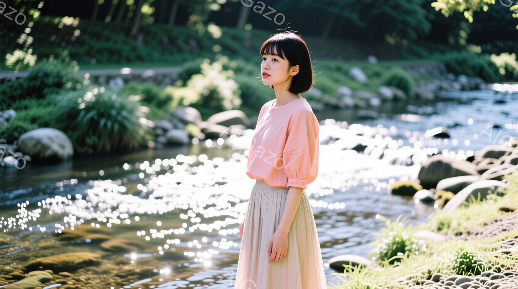 若い女性が、薄いピンク色のブラウスとクリーム色のプリーツスカートを着て、小川のほとりに立っている。彼女は黒髪で、前髪が眉毛にかかる短いボブスタイルで、横を向いて少し微笑んでいるように見える。背景には、 - AI生成フリー素材