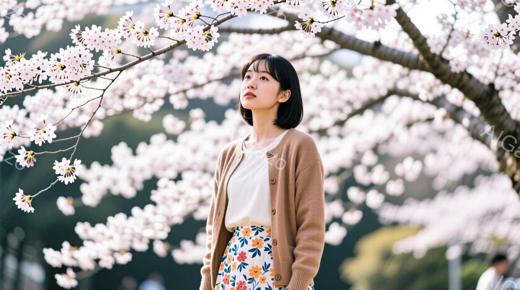 ショートヘアの女性が、薄い茶色のカーディガンと花柄のスカートを着て立っています。彼女は少し上を見上げており、表情は穏やかで、春の桜並木を背景にしています。背景にはぼやけた建物が見え、全体的に柔らかく優しい春の雰囲気が漂っています。