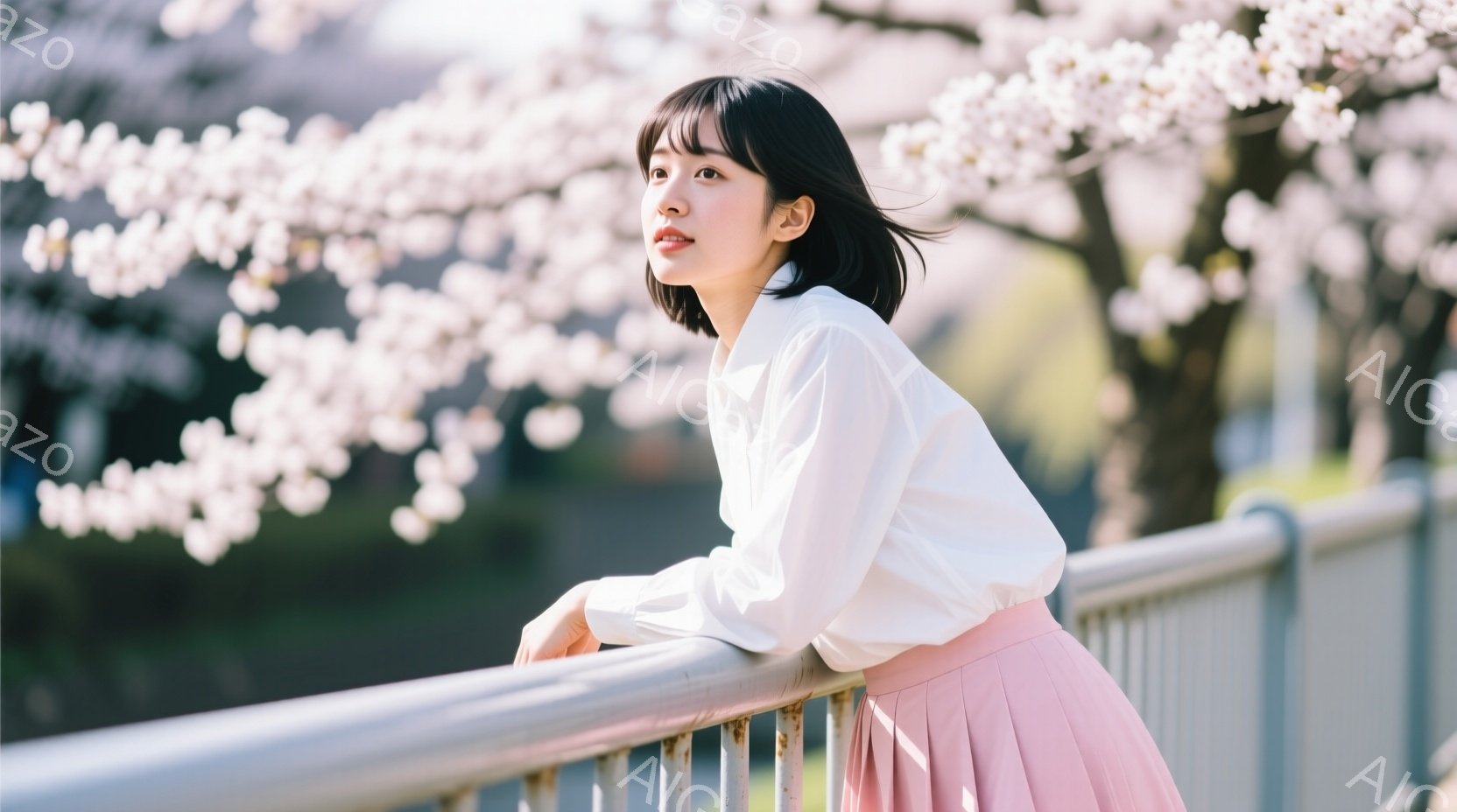 ショートヘアの女性が、白いシャツとピンク色のプリーツスカートを着て、金属製の柵にもたれかかっている。彼女は少し微笑み、遠くを見つめる表情をしており、春の桜並木が背景にぼやけて見える。全体的に柔らかく、穏やかな春の雰囲気が漂っている。