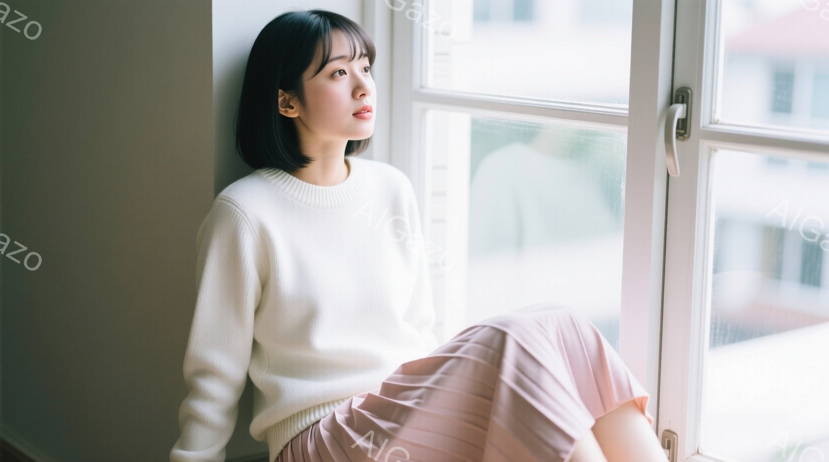 ショートヘアの女性が窓際に座り、外を見つめている。白いセーターと薄いピンク色のスカートを身につけ、穏やかな表情を浮かべている。背景には建物が見え、柔らかい光が差し込み、静かで落ち着いた雰囲気が漂っている。