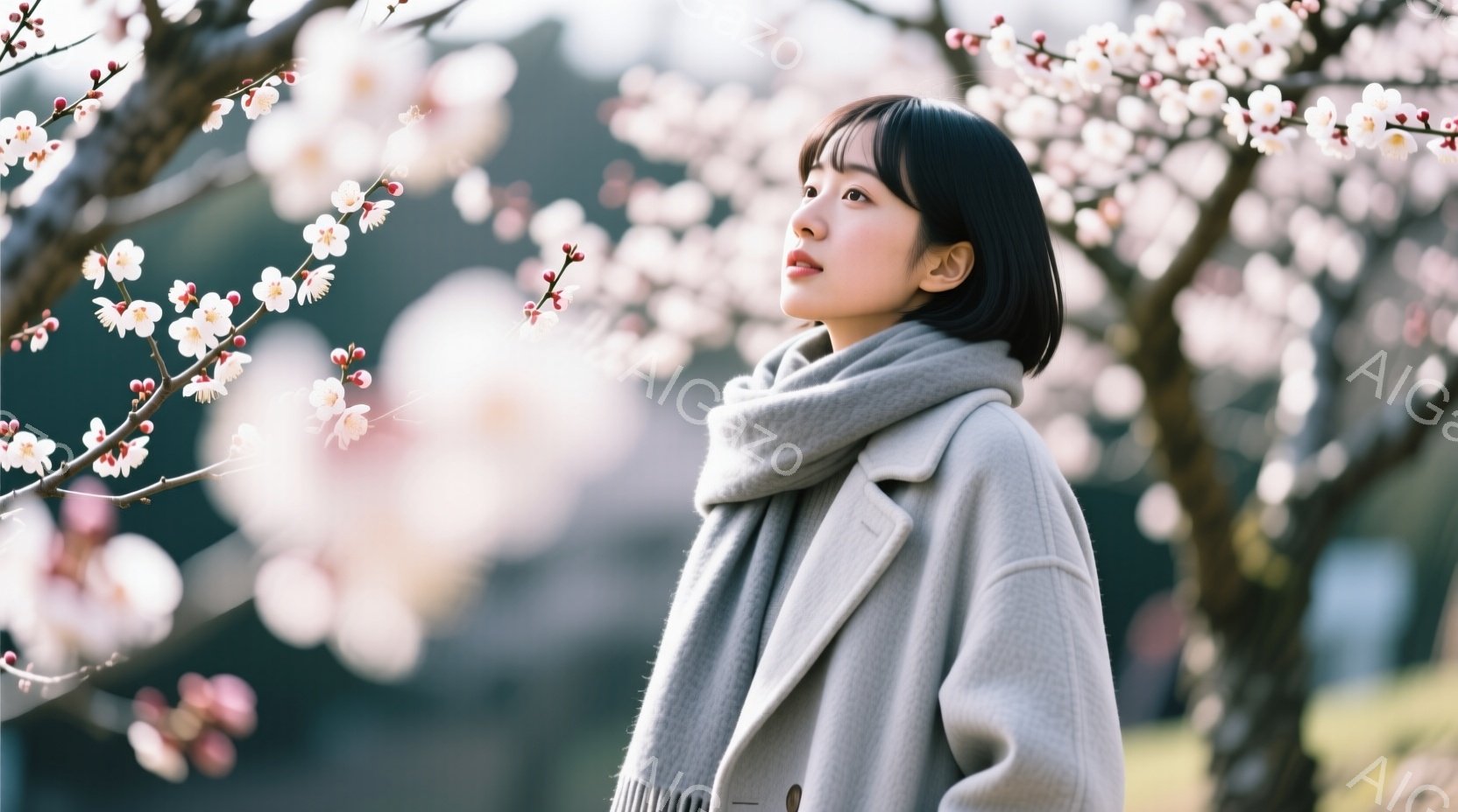 ショートカットの女性が、グレーのコートとマフラーを身につけ、少し上を見ている。背景には、ピンク色の花が咲き乱れる木々があり、春の暖かく穏やかな雰囲気を醸し出している。光が柔らかく差し込み、女性の表情と花々を優しく照らしている。