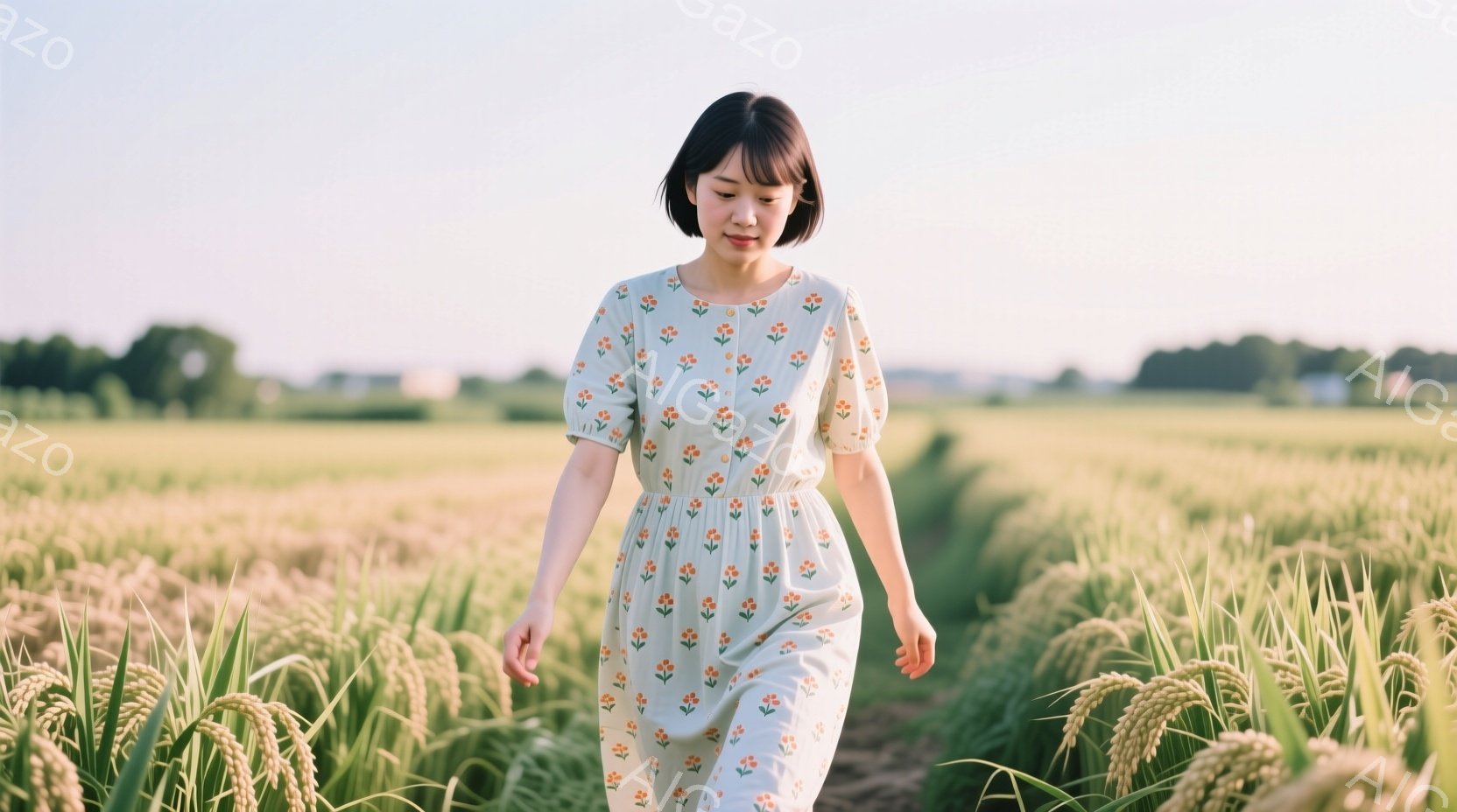 淡い緑色に小さな花柄が散りばめられたワンピースを着た女性が、黄金色の稲穂が実る田んぼの中を歩いている。彼女は黒髪のショートボブで、穏やかな表情をしており、夕暮れ時の柔らかな光に照らされている。背景には遠くに見える緑豊かな木々が広がり、全体的に穏やかで牧歌的な雰囲気を醸し出している。