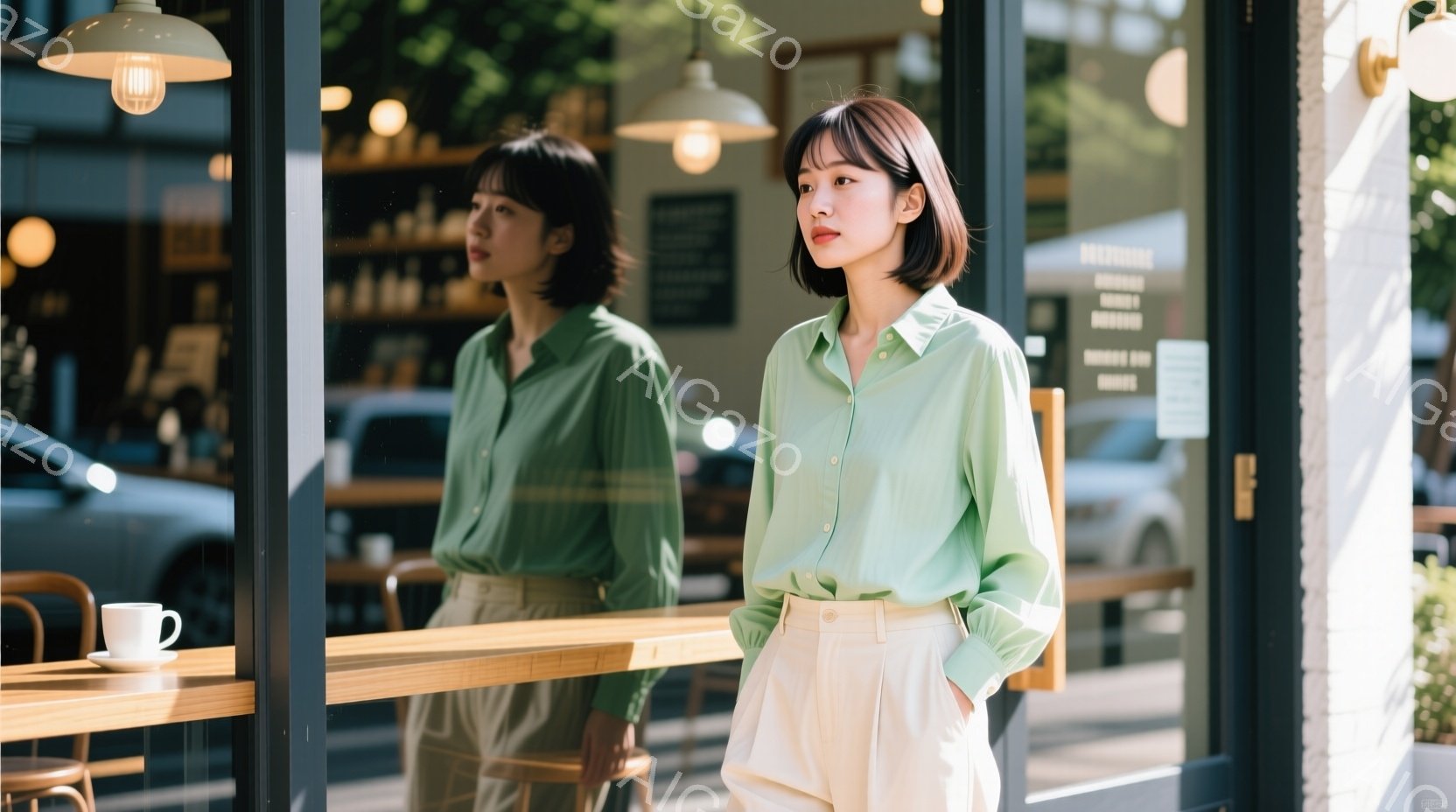 若い女性が、パステルグリーンのシャツとオフホワイトのパンツを身につけて、カフェの窓際に立っている。彼女は少し微笑んでおり、片手をポケットに入れ、リラックスした姿勢で外を見ている。背景には、カフェのテーブルや椅子が見え、屋外には車が停まっており、晴れた日の穏やかな雰囲気が漂っている。