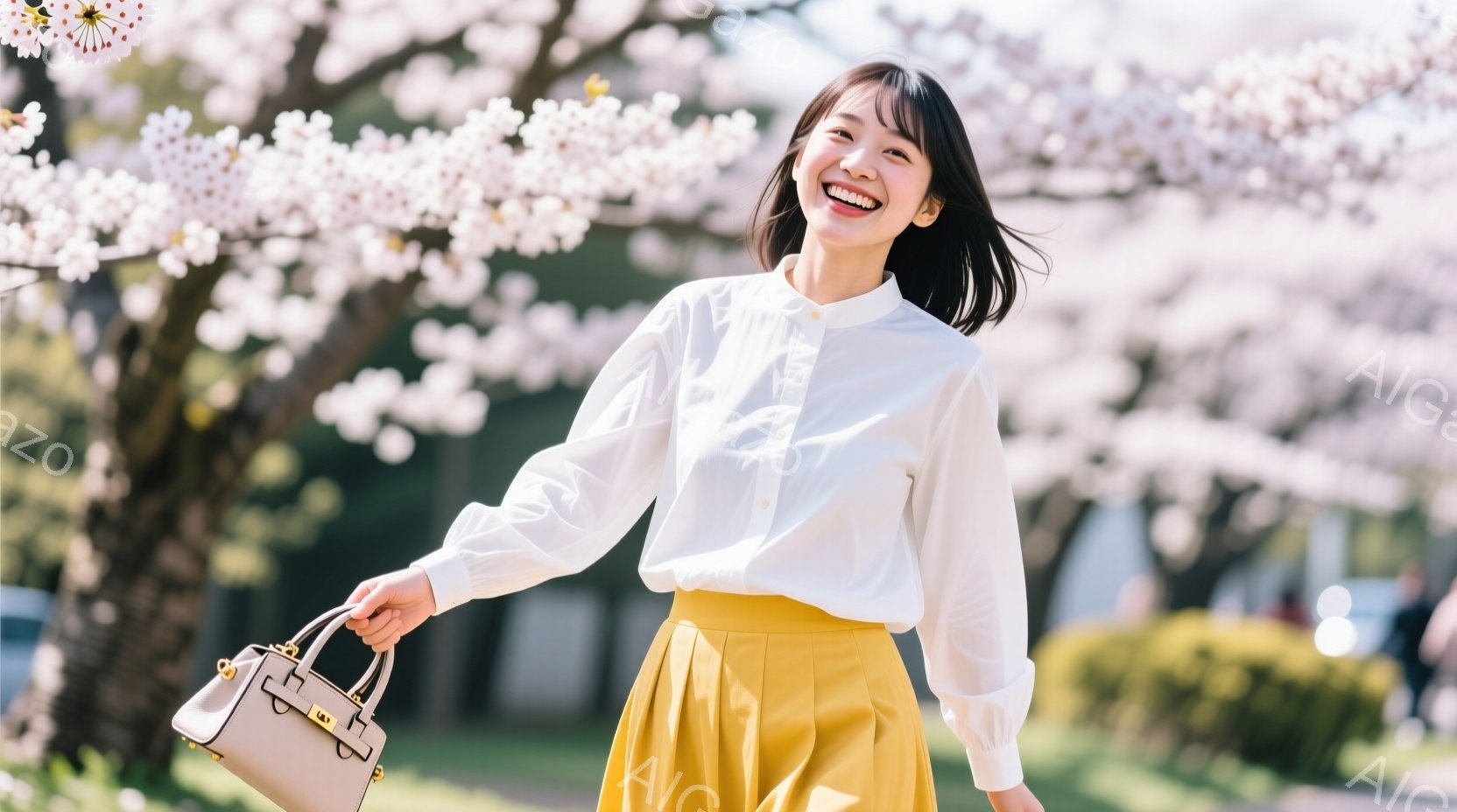 白いブラウスと黄色いプリーツスカートを身につけた女性が、笑顔でカメラの方を向いている。彼女はハンドバッグを持ち、少し上目遣いで、春の桜並木を背景に軽やかに歩いている様子が伺える。背景には、満開の桜と緑の芝生が広がり、晴天の下、明るく華やかな雰囲気が漂っている。