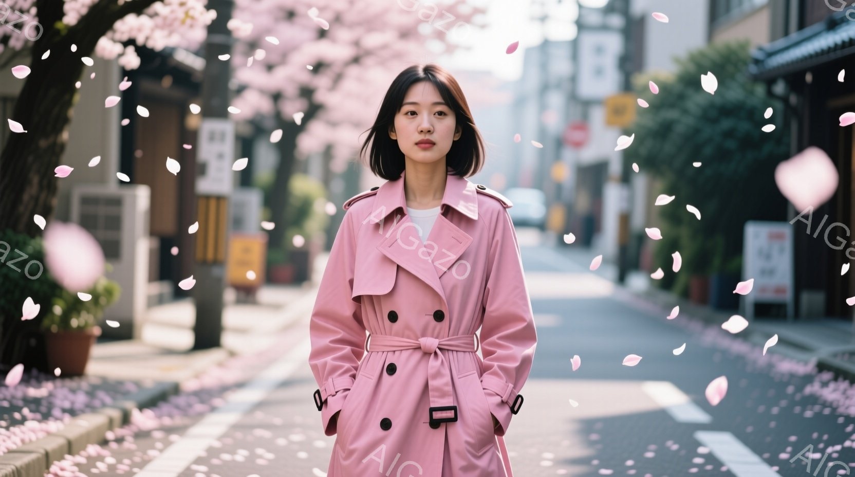 ピンク色のトレンチコートを羽織った若い女性が、道路の中央に立っています。彼女は黒髪のボブヘアで、表情は穏やかで、わずかに微笑んでいるように見えます。背景には、桜の花びらが舞い散る住宅街の風景が広がり、春の暖かな日差しが差し込んでいます。