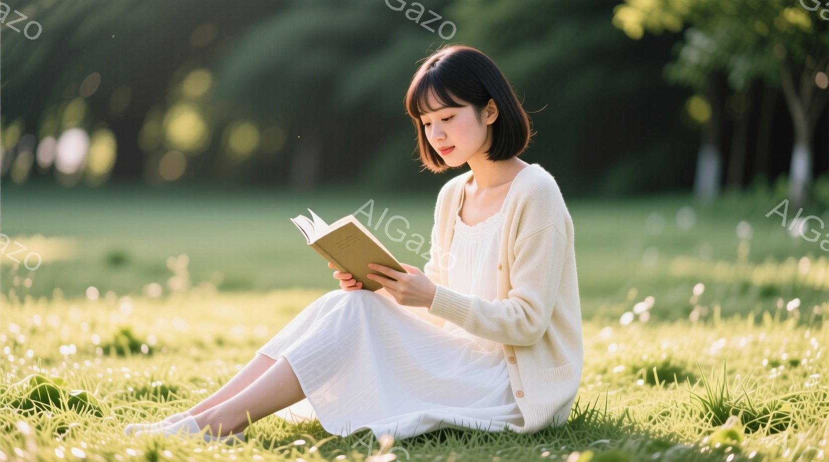 ショートヘアの女性が緑の草むらに座り、本を読んでいる。オフホワイトのカーディガンとスカートを着用し、リラックスした表情で穏やかな時間を過ごしているようだ。背景には緑豊かな木々が見え、柔らかな光が差し込み、平和で静寂な雰囲気を醸し出している。