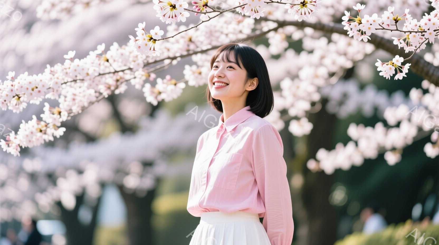 若い女性が桜並木の下で微笑んでいます。彼女はピンク色のシャツと白いスカートを着ており、髪は短く、前髪が流れています。背景にはぼやけた桜の花びらが広がり、春の穏やかな雰囲気を醸し出しています。