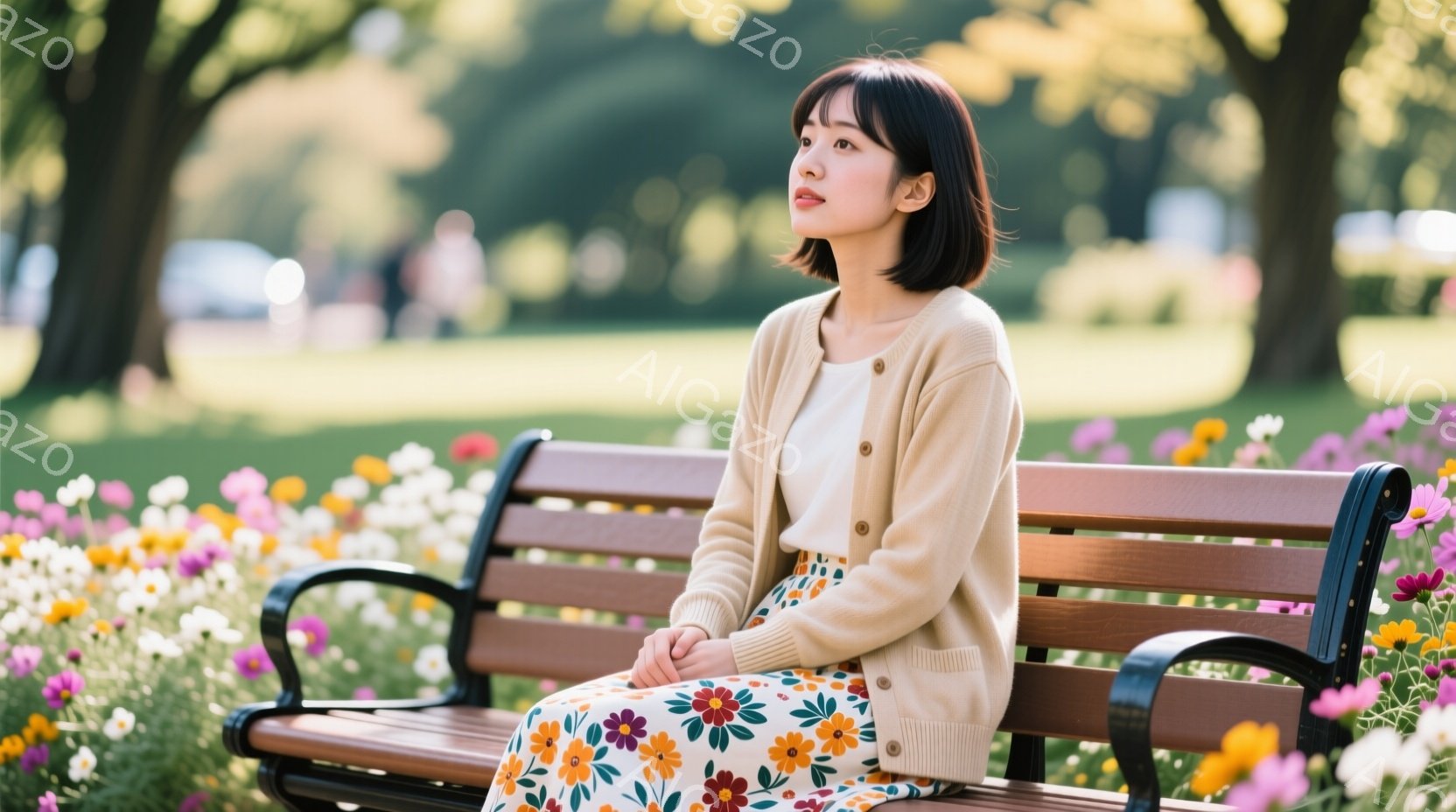 明るい日差しの中で、女性が公園のベンチに座っています。ベージュのカーディガンに花柄のスカート姿で、少し上目遣いをして何かを考えているような表情をしています。背景には色とりどりの花が咲き乱れ、緑豊かな木々が広がっており、穏やかで暖かい雰囲気が漂っています。