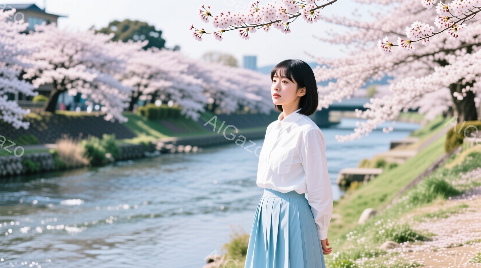 若い女性が、白いシャツと水色のスカートを着て、川沿いの道を歩いている。彼女は黒髪のショートボブで、少し横を向いて遠くを見つめている表情は穏やかで、春の優しい光の中で物思いにふけっているようにも見える。背景には、桜並木が満開で、穏やかな川の流れと合わせて、春の暖かさと穏やかな雰囲気が伝わってくる。