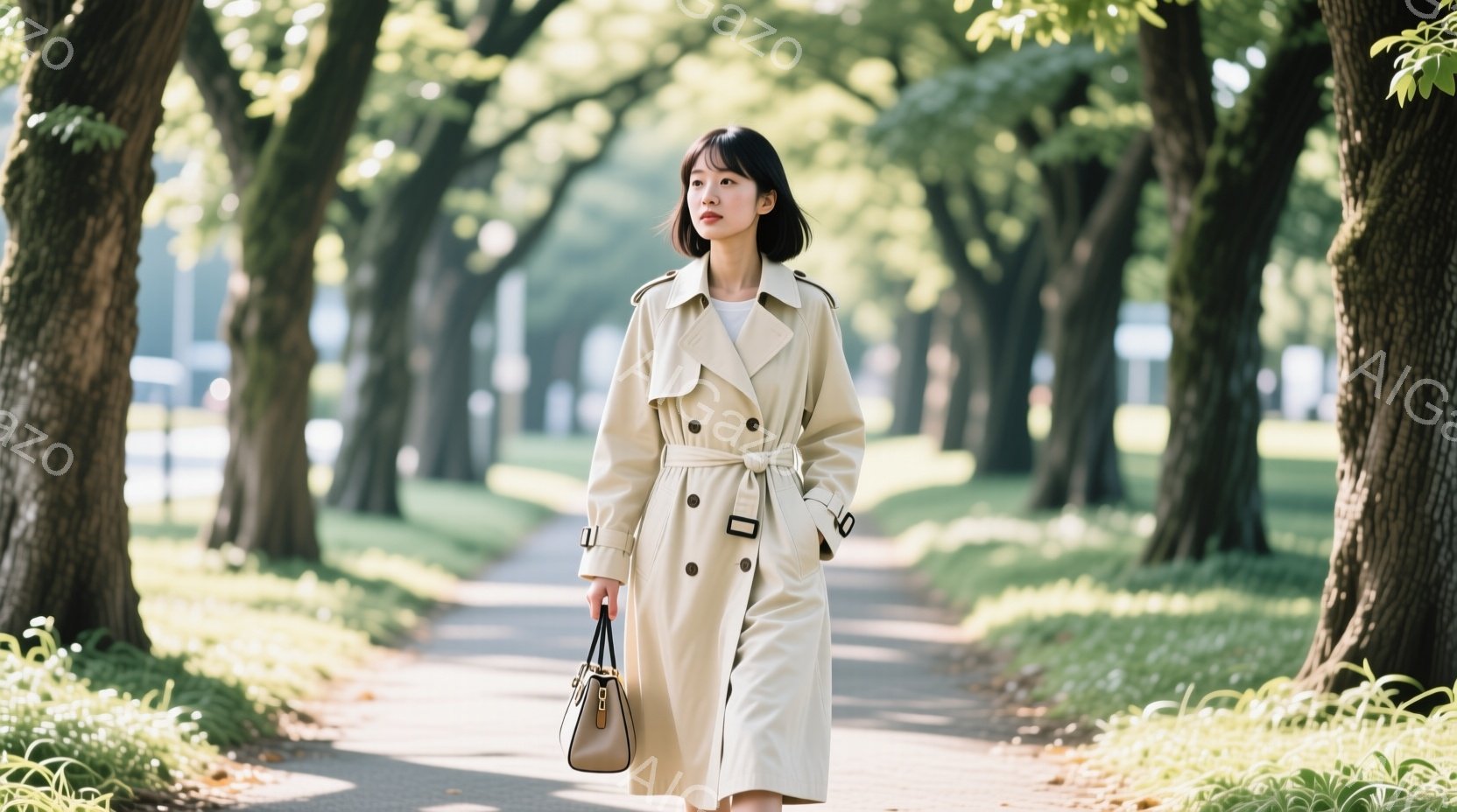 トレンチコートを着た若い女性が、緑豊かな並木道を歩いている。彼女は髪を肩まで伸ばし、口紅を塗っており、少し微笑んでいるように見える。背景には高い木々が生い茂り、明るい日差しが差し込み、穏やかで洗練された雰囲気を醸し出している。